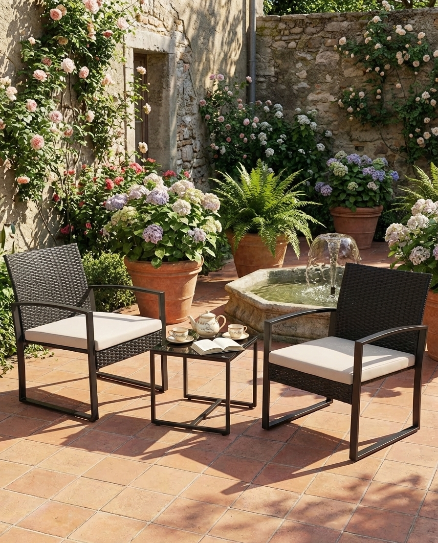 3-Piece Outdoor Patio Set – Wicker Chairs + Bar Table with Cushions