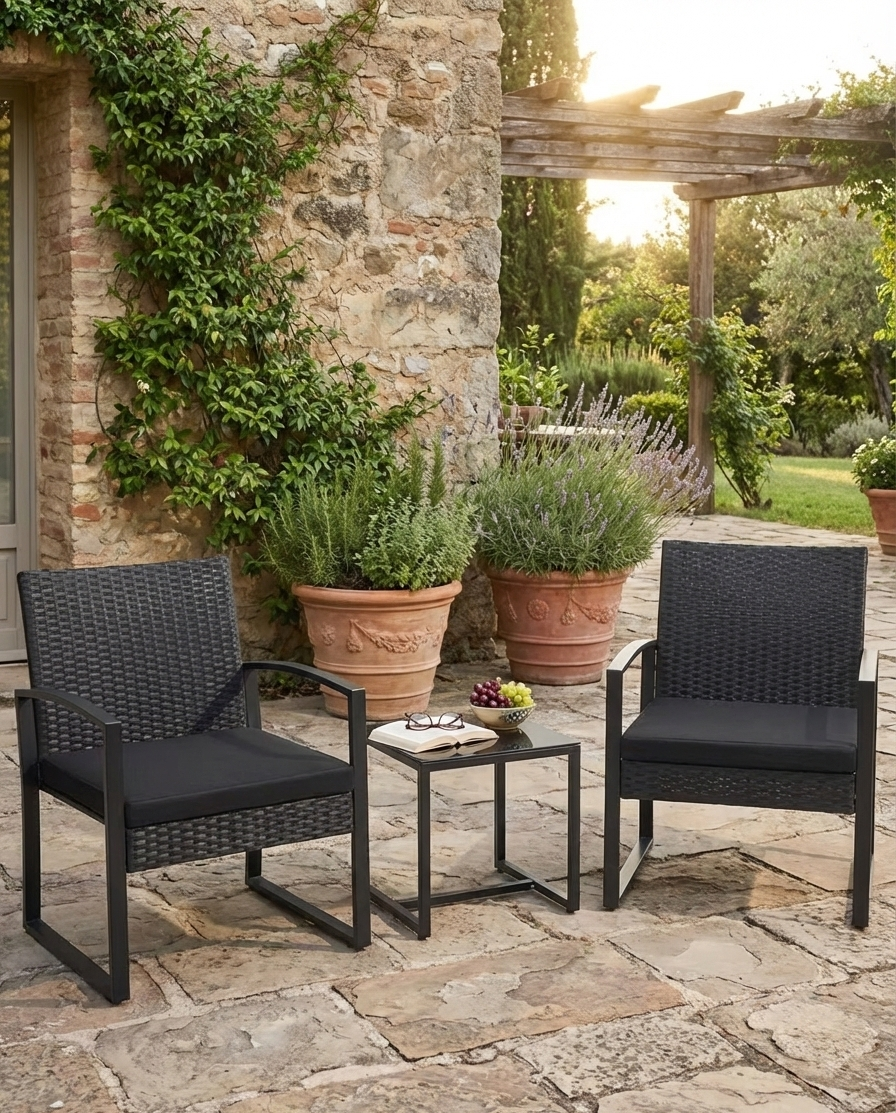 3-Piece Outdoor Patio Set – Wicker Chairs + Bar Table with Cushions