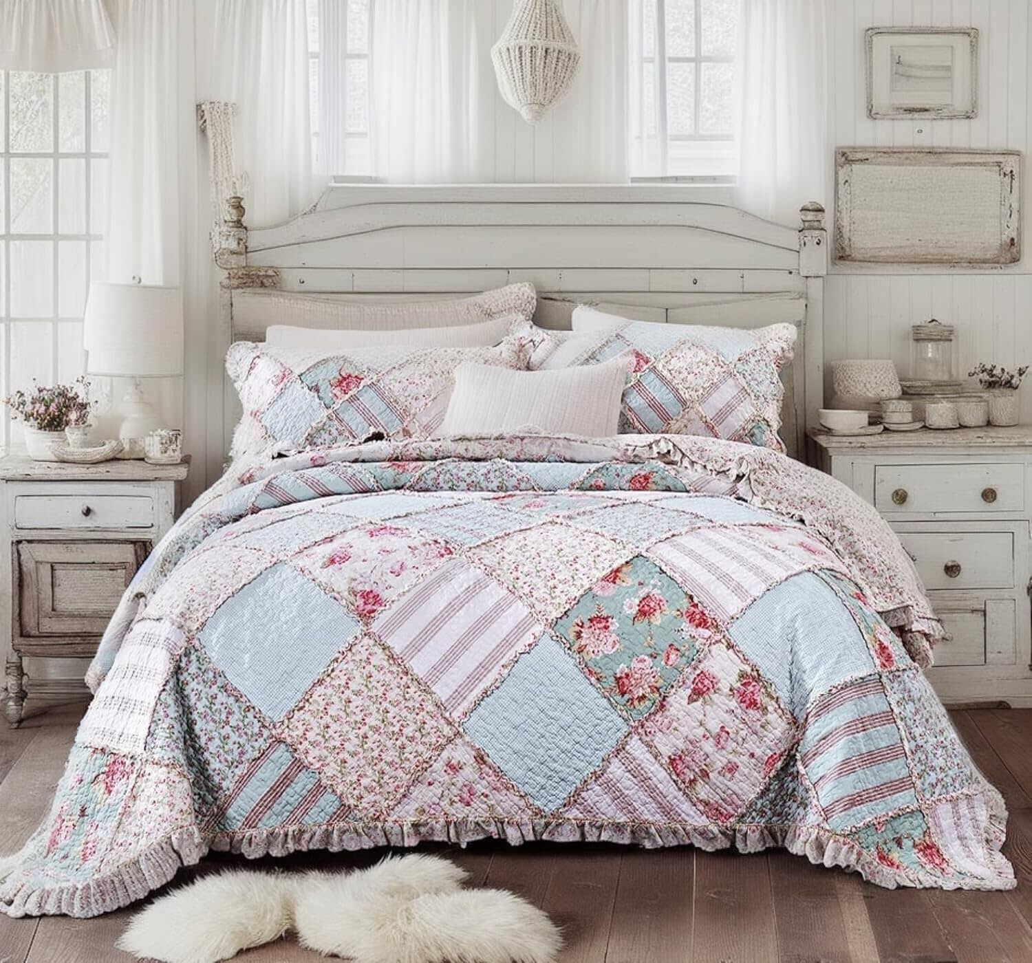 Hint of Mint Floral Pastel Cotton Patchwork Ruffle Bedspread Set (JHW-3036)