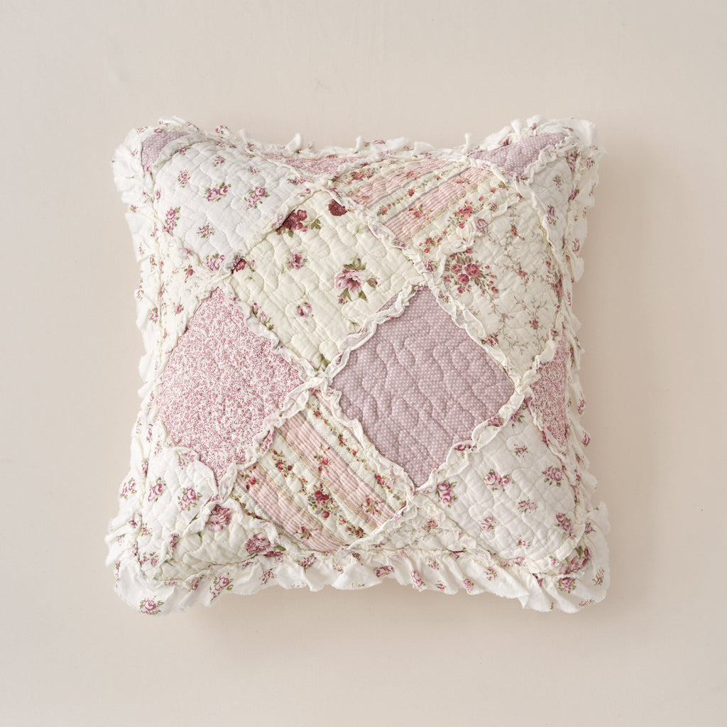 Blush Cottage Rose Pillow Covers – Set of 2, 18x18 Quilted Patchwork