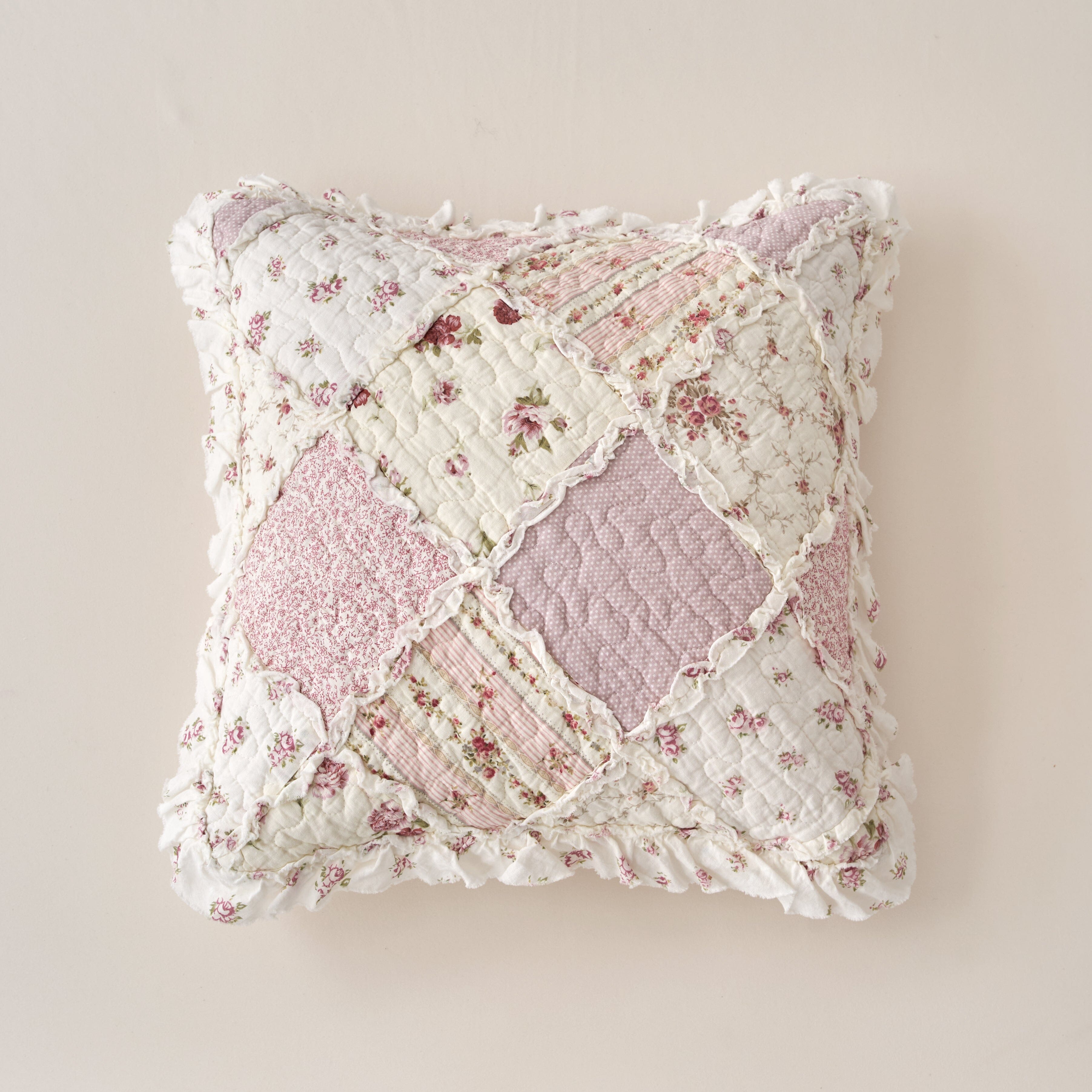 Blush Cottage Rose Pillow Covers – Set of 2, 18x18 Quilted Patchwork