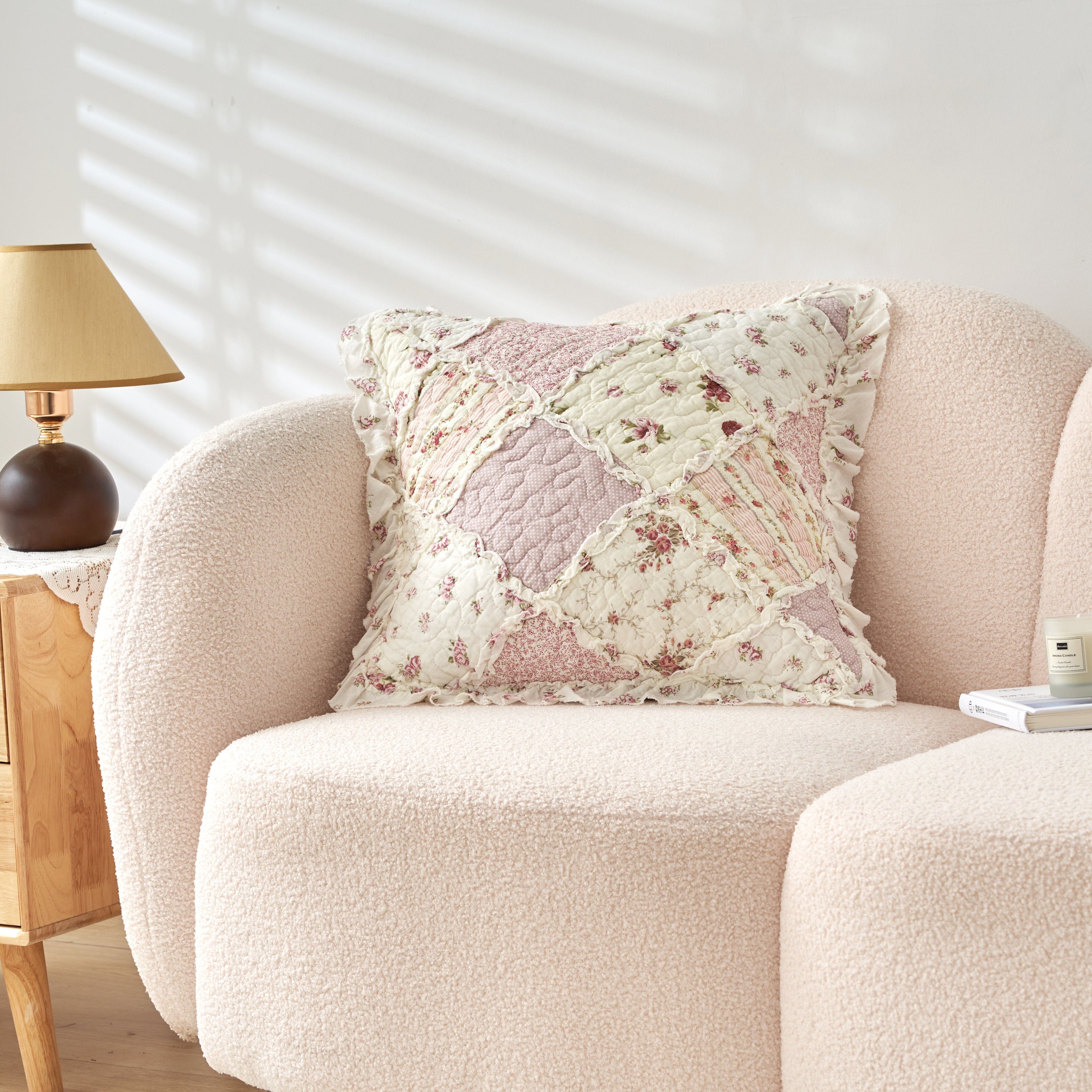 Blush Cottage Rose Pillow Covers – Set of 2, 18x18 Quilted Patchwork