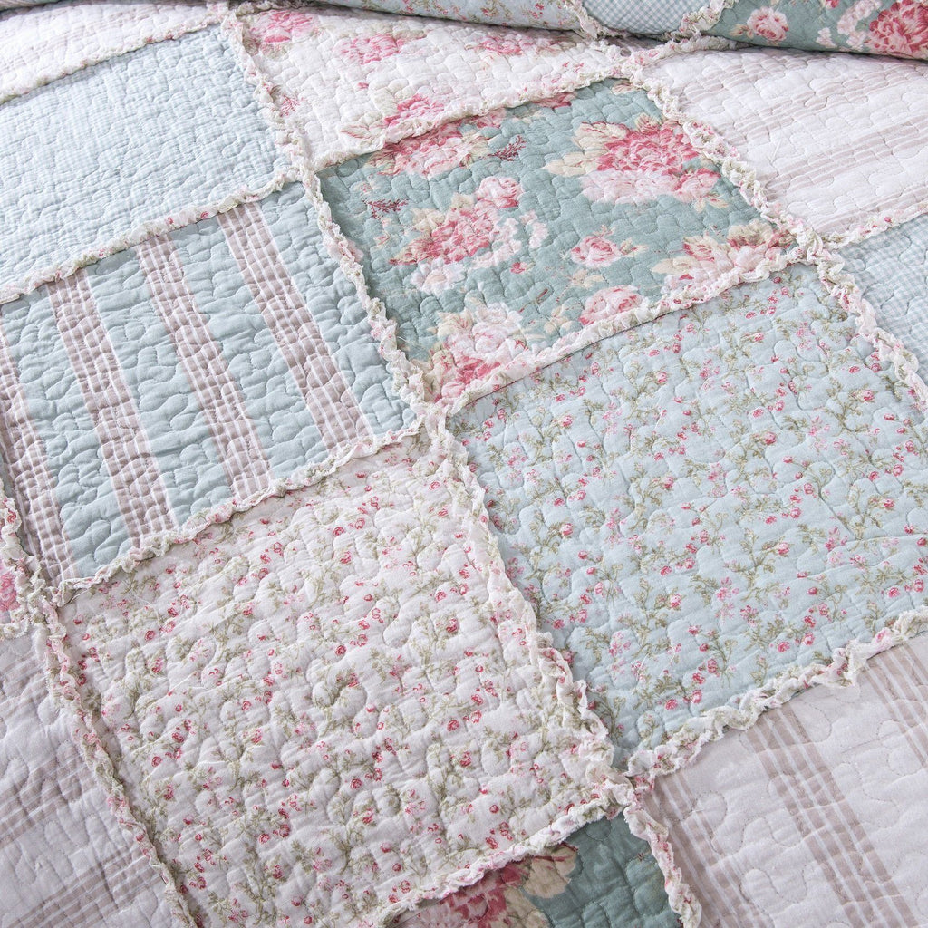 Hint of Mint Floral Pastel Cotton Patchwork Ruffle Bedspread Set (JHW-3036)