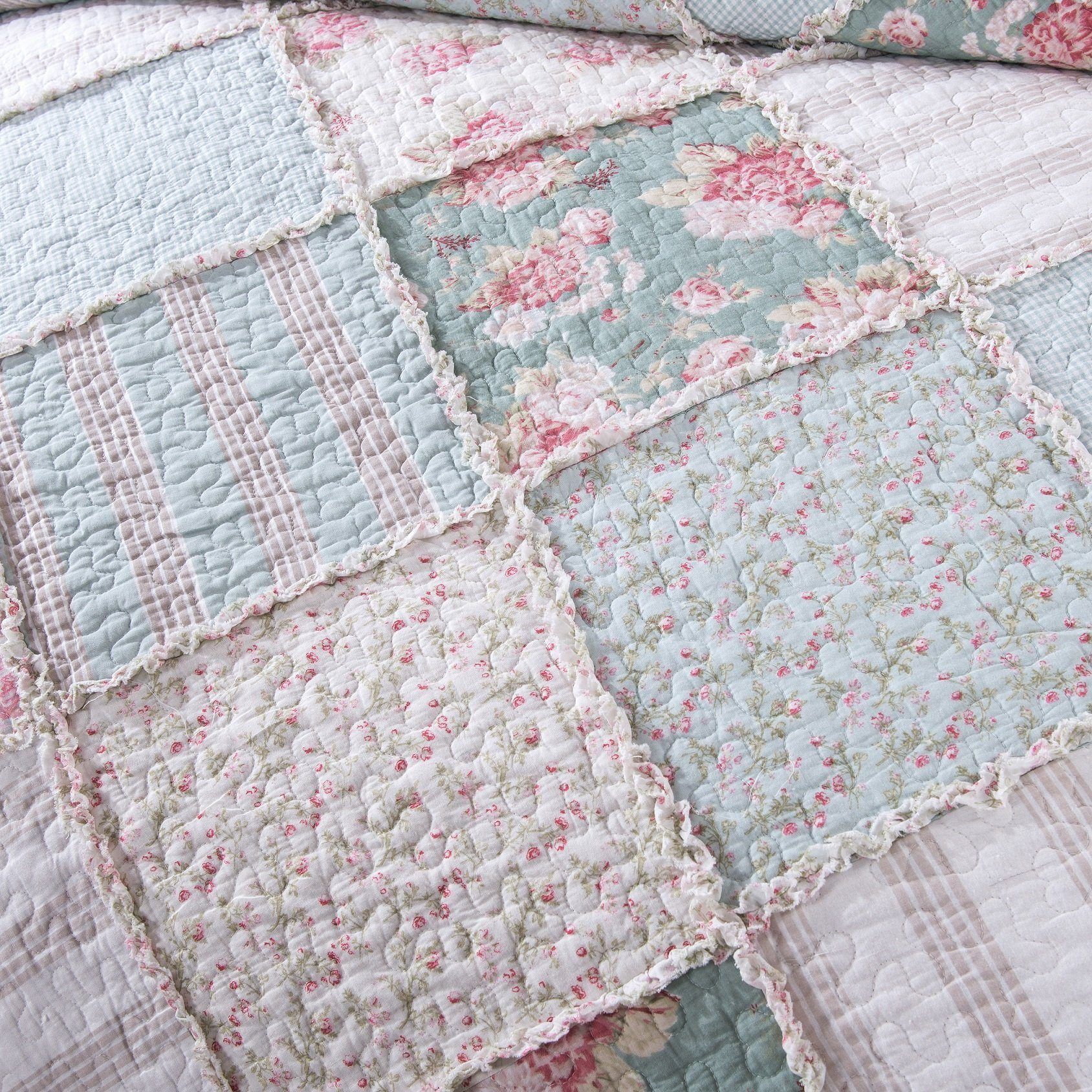 Hint of Mint Floral Pastel Cotton Patchwork Ruffle Bedspread Set (JHW-3036)