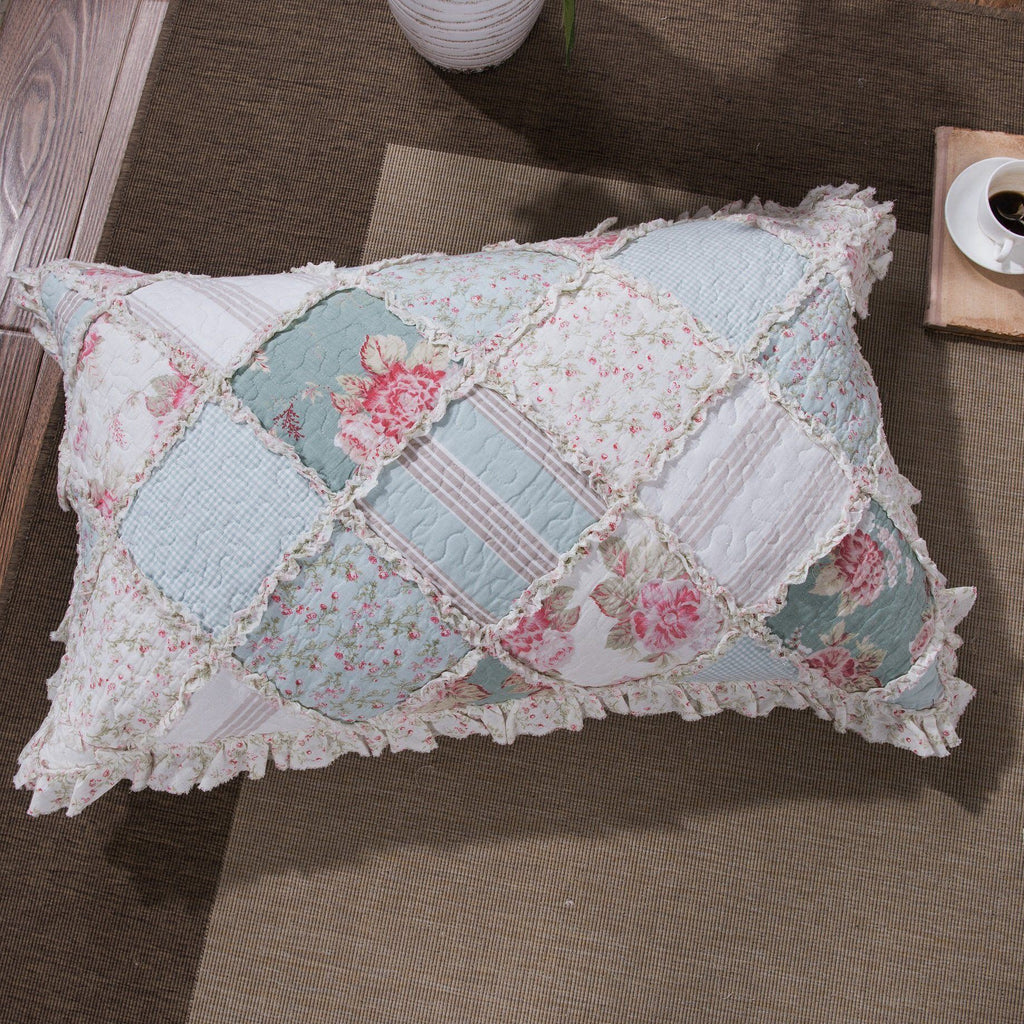 Hint of Mint Floral Pastel Cotton Patchwork Ruffle Bedspread Set (JHW-3036)
